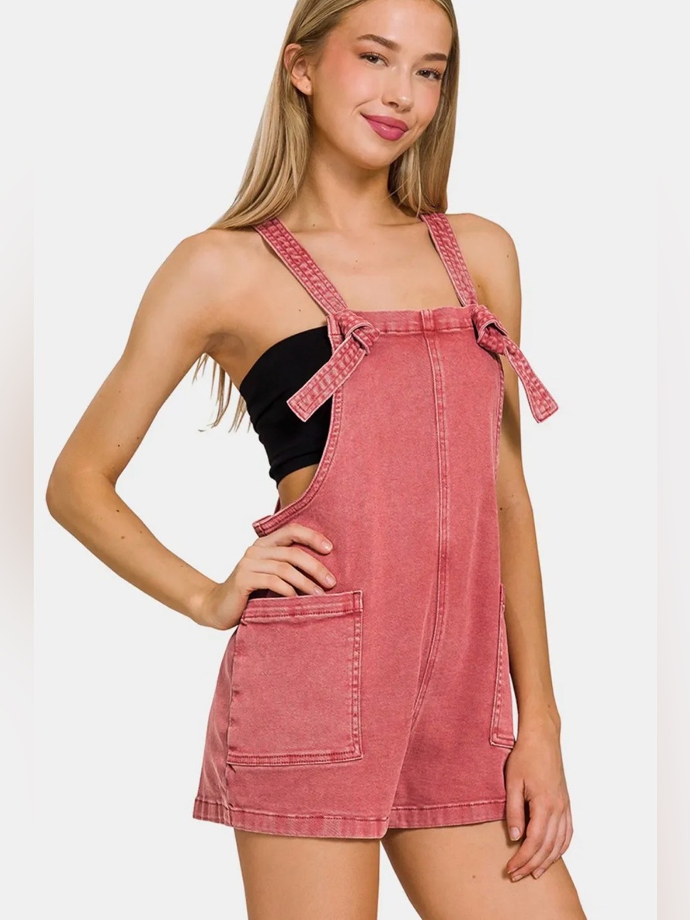 NWT Zenana Washed Knot Strap Romper Pink Overall Shorts Size Small Boho